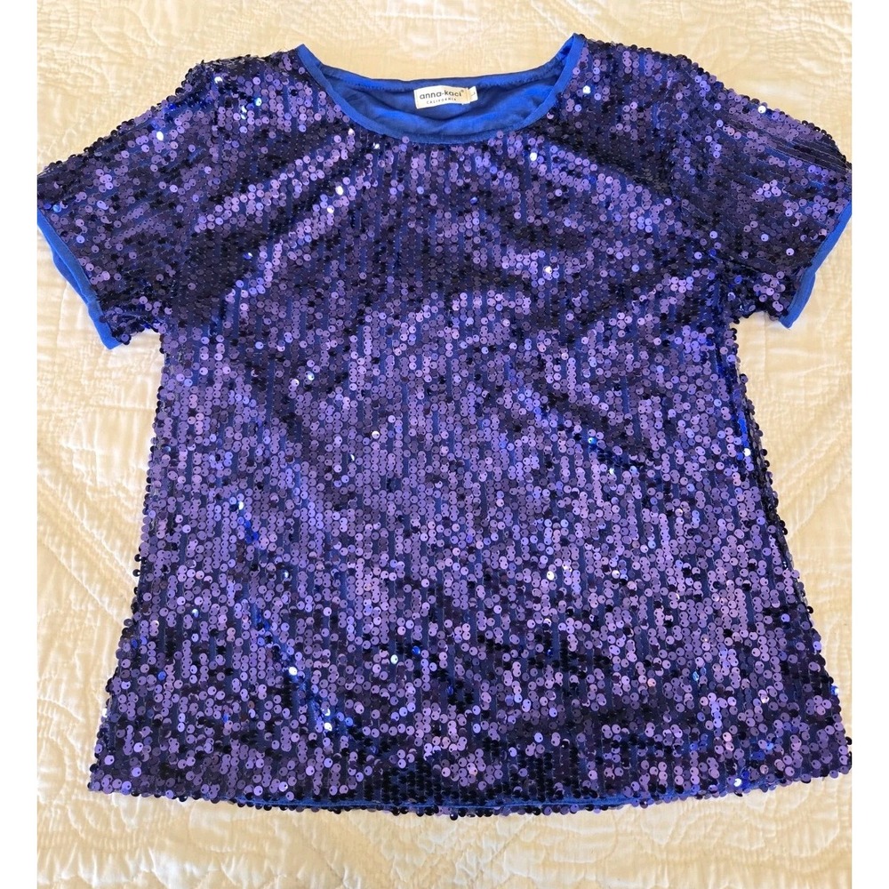 ANNA KACI California Purple Sequin Shirt Short Sleeve Top Size L Large Cobalt